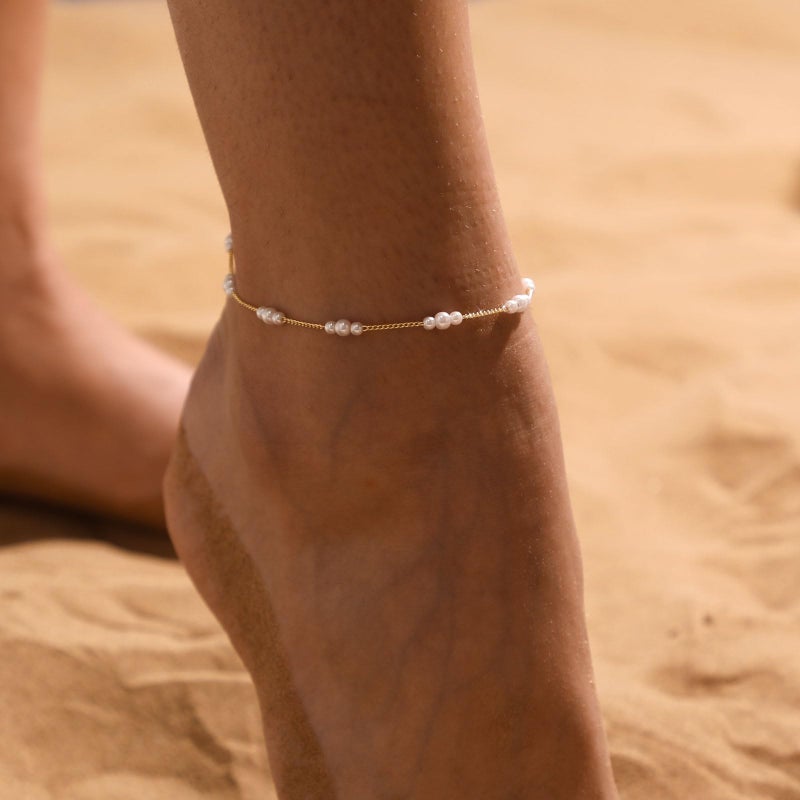 Kyerlyn Dainty Pearl Chain Anklets for Women 18k Gold Plated Ankle Bracelets for Women Waterproof Adjustable Chain Gold Anklet Simple Fashion Summer Beach Gift - Image 2